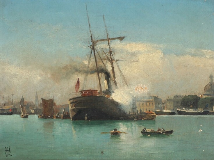 Holger Lübbers: Steamer in the port of Copenhagen. Monogram signed. Oil on canvas. 18×24.5 cm.