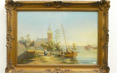 Huile sur toile signée William Raymond Dommersen (1850-1927) " Bord de fleuve animé " (50...