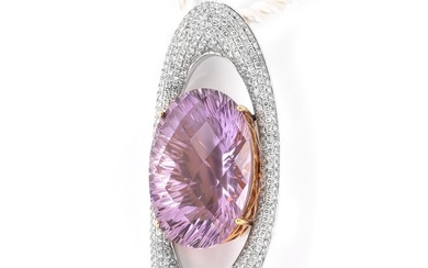 IGI Certified 45.60ct Amethyst and 3.50ct Diamond Pendant - 18 kt. Pink gold, White gold - Pendant