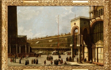 In the taste of Canaletto View of the Procuraties in Venice On its original canvas Height: 60 cm Width: 92 cm Old restorations, dents and accidents