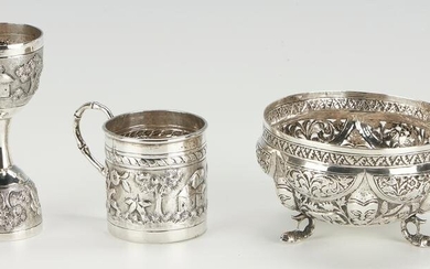 Indian Colonial Silver Mug, Jigger and Bowl, 3 Items
