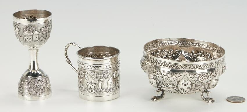 Indian Colonial Silver Mug, Jigger and Bowl, 3 Items