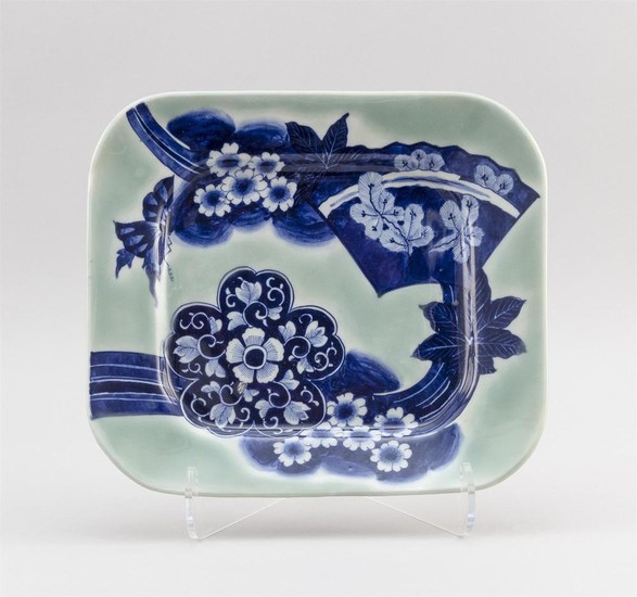 JAPANESE CELADON PORCELAIN PLATE Rectangular, with cobalt blue fan and flower decoration. Two-character seal mark on base. 10" x 11.5".