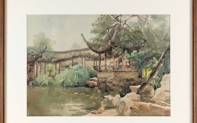 JAPANESE SCHOOL (20th Century,), Figures at a temple., Watercolor on paper, 14.5" x 20.5" sight.