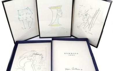 JEAN COCTEAU - "HOMMAGE 1993". Artcurial diffusion. 1 vol. in-folio. Blue canvas box-object editor with window. Complete of the 4 lithographs of Jean Cocteau printed by Art Estampe Machet-Cosson, on Arches vellum, printed at 500 numbered copies (3 are...