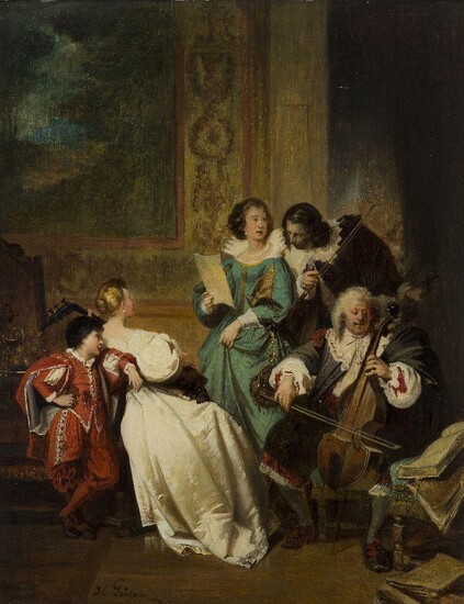 Jakob Emanuel Gaisser, German 1825-1899- The Music Party; oil on panel, signed 'J E Gaisser' (lower left), 40 x 31 cm. Provenance: With The Cooling Galleries, London, no.7741.; Private Collection. Note: A near-identical composition by Gaisser sold...