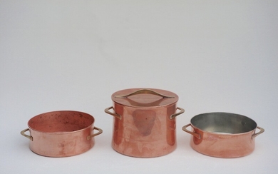 Jens H. Quistgaard: Three copper pots with brass handles. All marked Danish Design Denmark, IHQ. Accompanied by one lid. (4)