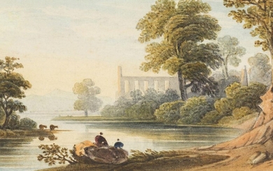 John Varley, OWS, British 1778-1842- A view of Bolton Abbey, Yorkshire; pencil and watercolour on paper, signed and inscribed 'View, with Bolton Abbey in distance / J. Varley' on the reverse of the original mount (now attached to frame verso), 8.1...