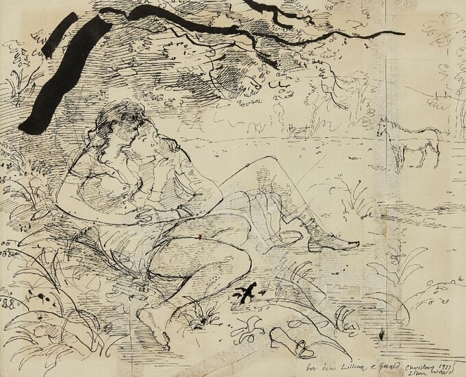 John Ward CBE RA RWS VPRP NEAC, British 1917-2007 - Two figures under a tree, 1977; ink on paper, signed, dated and dedicated lower right 'for dear Lillian & Gerald Christmas 1977 John Ward', 22.4 x 27.5 cm (ARR)