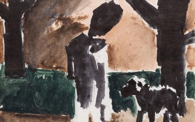 Josef Herman OBE RA, British/Polish 1911-2000 - Figure with dog; gouache and pencil on paper, 19.3 x 25 cm (ARR)