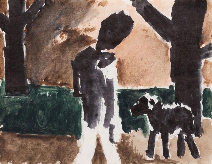 Josef Herman OBE RA, British/Polish 1911-2000 - Figure with dog; gouache and pencil on paper, 19.3 x 25 cm (ARR)