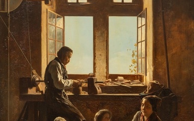 Joseph Hornung (Swiss, 1792-1870) Oil on Beveled Panel, 1850, the Carpenter's Family, H 20.5" W