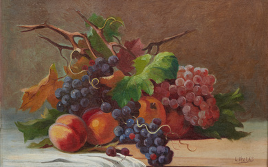 L. VERLAS. Fruit Still Life with Grapevines and Peaches.