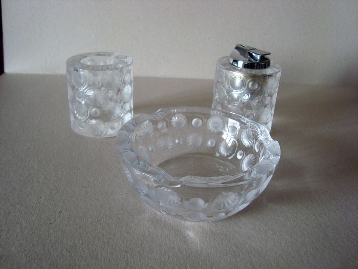 LALIQUE - ashtray lighter and cigarettes pot - Group of 3