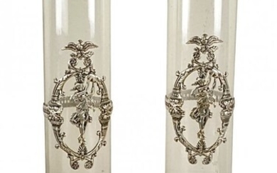 LARGE PAIR OF EMPIRE STYLE SILVER MOUNTED GLASS VASES