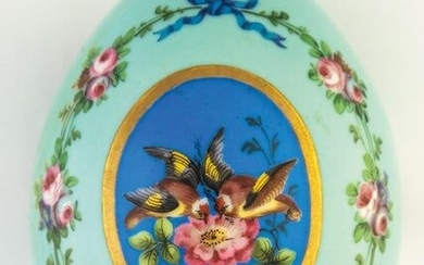 LIGHT BLUE RUSSIAN PORCELAIN EASTER EGG WITH BIRDS AND FLOWERS