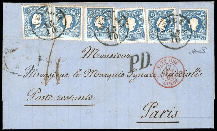 LOMBARDO VENETO-FRANCIA 1862 - 15 soldi azzurro, II tipo (32),...