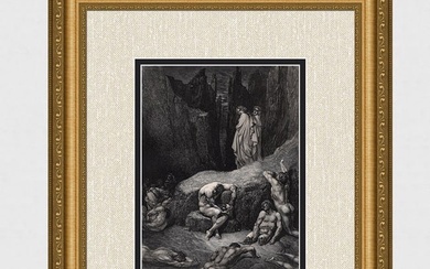 LOOK 1800s Gustave Dore Signed Divine Conedy Woodcut "Geri del Bello" Framed COA