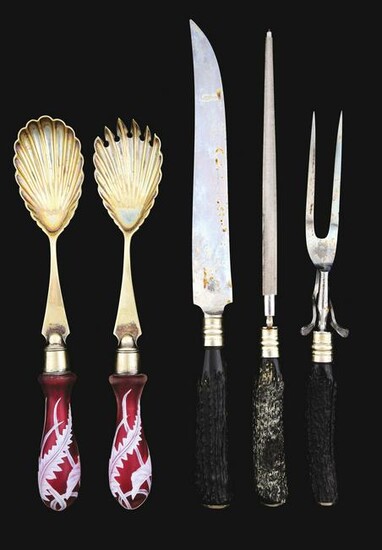 LOT OF STERLING KNIVES AND CAMEO GLASS SALAD FORK AND