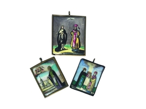 LOT of three small Icons Enamel, porcelain, brass…