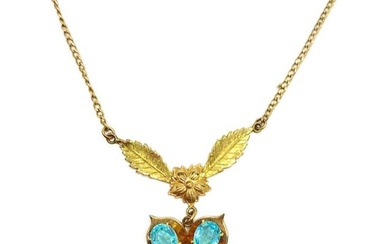Ladies .34ct Tear Drop Cut Sky Blue Citrine & 10K Gold Plated Gold Flower Necklace