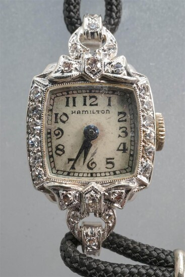 Ladies Hamilton 14-Karat White-Gold and Diamond Case Wristwatch with Black Cord Band
