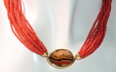 Landschafts-Achat - Handcrafted - Unikat - Blood Coral - 18kt gold - Yellow gold - Necklace with pendant