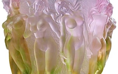 Large French Crystal Bacchantes Nude Lady Vase in the Style of LALIQUE