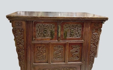 Late 19th Century Antique Chinese Qing Dynasty Carved Red Lacquer Butterfly Alter Storage Cabinet