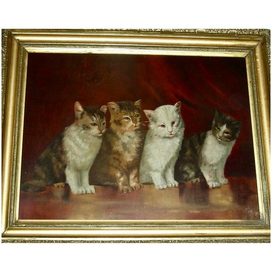 Late American 19th C Cat Painting w/ 4 Kittens