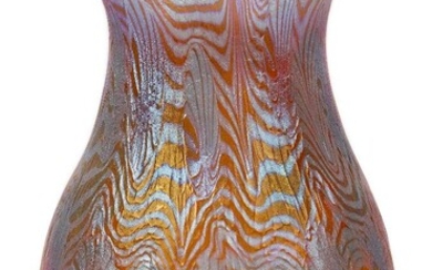 Loetz (Austrian), an iridescent Phaenomen Argus pattern glass vase, c.1902, PG2/351, ground out pontil, Clear glass body covered overall with an apricot coloured ground decorated with iridescent silver-blue combed threading, 11.5 cm high...