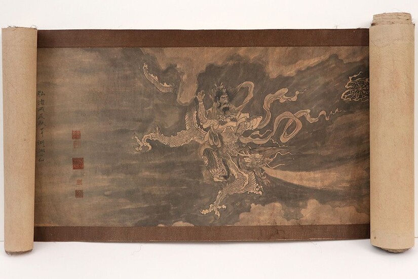 Long antieke Chinese scroll schildering met de voorstelling van hemelse figuren (krijgers) en draken -...