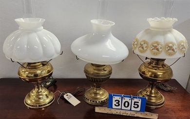 Lot 3 Brass Oil Lamps Elec
