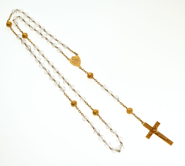 Lot 5 CHAPELET, la croix et les perles en or jaune 750/°° alternées de perles de verre...