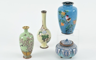 Lot of 4 Japanese cloisonne pieces. 1) Yellow ground bottle vase with floral decoration.