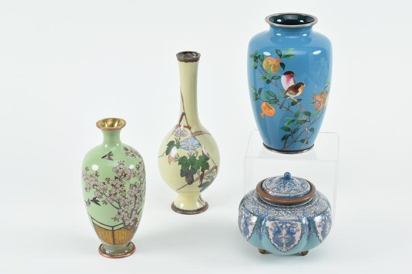Lot of 4 Japanese cloisonne pieces. 1) Yellow ground bottle vase with floral decoration.