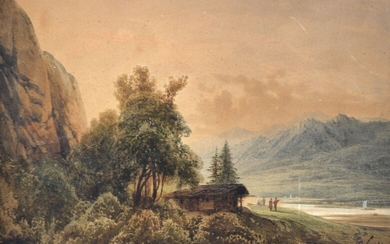 Louis Auguste LAPITO (1803-1874) Promeneurs devant un chalet en montagne. Aquarelle signée en bas à...