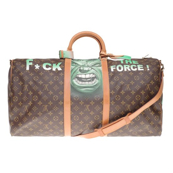 Louis Vuitton - Keepall 60 en toile enduite Monogram bandoulière customisé "Hulk Vs Yoda , F*** the Force " #75 Weekend bag