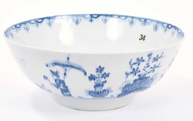 Lowestoft slop bowl, of Hughes-type, moulded in relief with diaper and scolled borders, circular panels painted in blue with three different Chinese river scenes, a key and cell border below the ex...