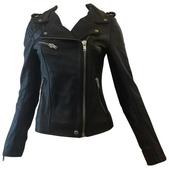 MAJE Buttery Soft Black Leather Jacket w/Woven Leather