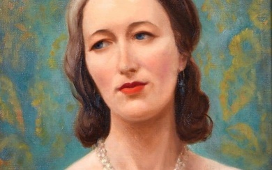 MID 20th CENTURY BRITISH OIL - PORTRAIT OF A LADY IN PEARL NECKLACE - TEAL GREEN c. 1950's