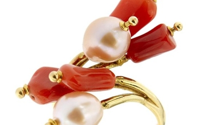 Made in Italy - 18 kt. Freshwater pearls, Yellow gold, 7.5-8 mm - Ring Coral
