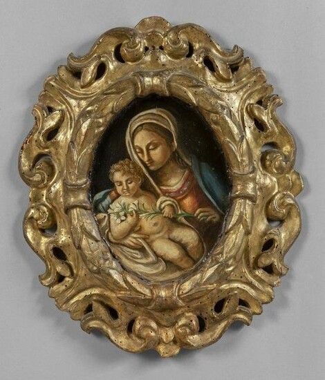 "Madonna con il Bambino" olio ovale, cornice in