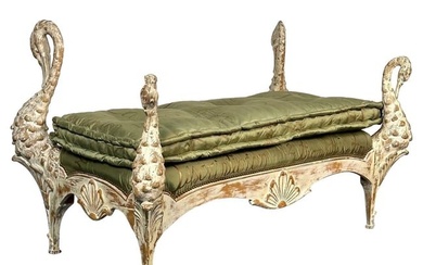 Maison Jansen Hollywood Regency Swan Bench / Daybed, Hand Carved, Distressed