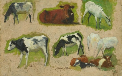 Manner of Sir Alfred Munnings (1878-1959) two oils on canvas, cattle and horse sketches, 30.5cm x 45.5cm and 41cm x 51cm, unframed