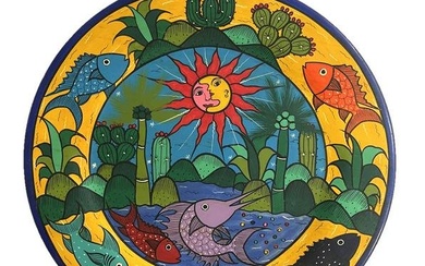 Mexican Wood Hand Painted Plate By Agustina Martinez Ixtapa Zihuatanejo