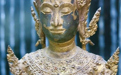 Mid 19th to first half 20th C. Siam Standing Bronze (1) - Cast Bronze Devotional Gilt in Gold lacquer - Buddha - Siamese Artist Bronze Sculpture - Thailand - Rattanakosin