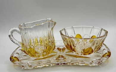Milk jug and sugar bowl on stand. Crystal. Hand sanding. 1950 Ernst Buder Glas, West-Germany lead crystal glass presentation set, 1950's sparkling mid-century design, abstracted sunflower decoration