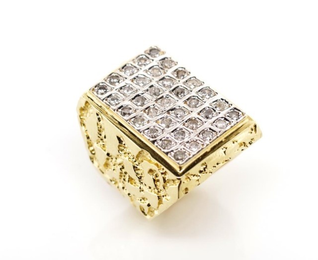 Modernist diamond set 14ct gold ring with a textured yellow ...