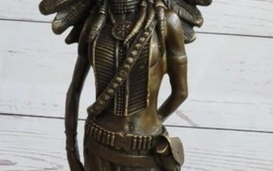 Native American Feathered Headdress Woman Bronze Sculpture